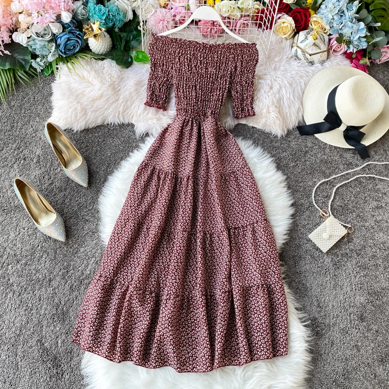 

Fairy dress short sleeve 2020 summer French floral knee length Holiday Beach skirt off shoulder long skirt