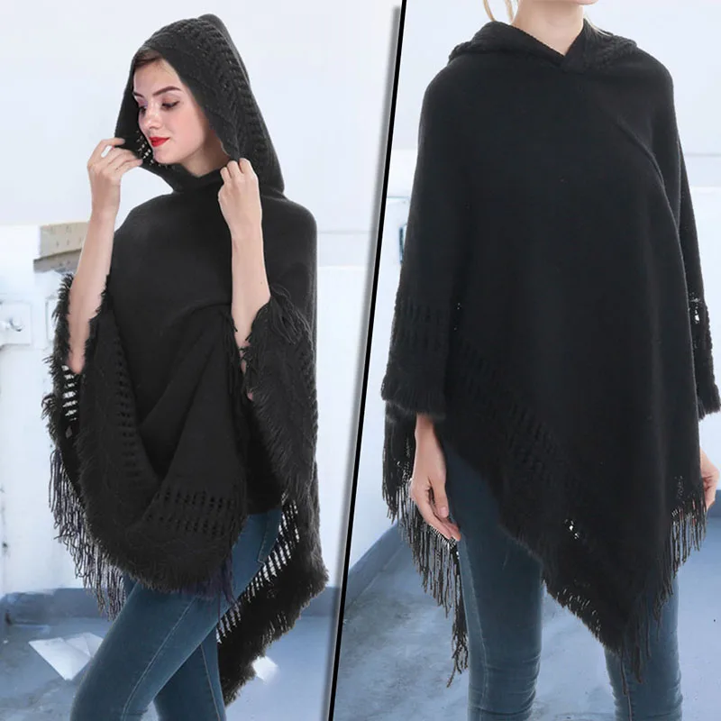

Pullover Casual Women Hooded Sweater Tassel Solid Jumper Cloak Autumn Spring Knitting Fashion Pullover Capes Warm Tassel Sweater