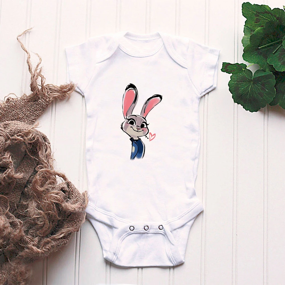 

Spring and Summer Disney Zootopia White Round Neck Newborn Romper Judy the Rabbit Baby Bodysuits 0-24M