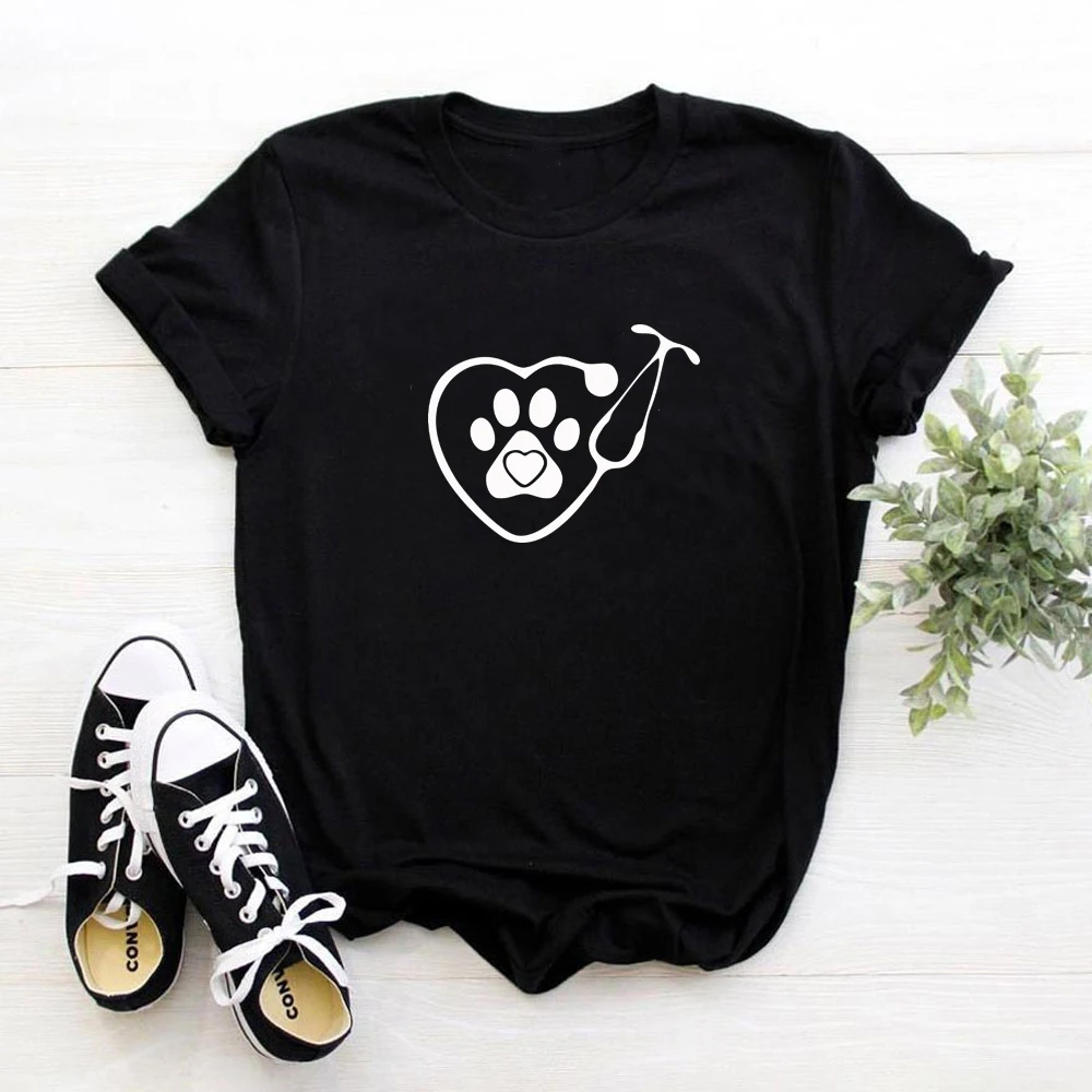 

Harajuku Heart stethoscope veterinary print cotton Tshirt Womens T Shirt For Dog Lovers Women Clothing Summer Funny tops tees