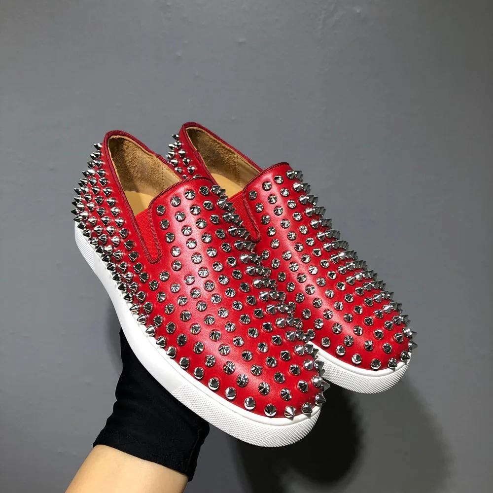 

Low Cut Red Bottom Spikes Sports Shoes Men Casual Flats Loafers Women Sneakers Fashion Red Genuine Leather Full Of Metal Rivets
