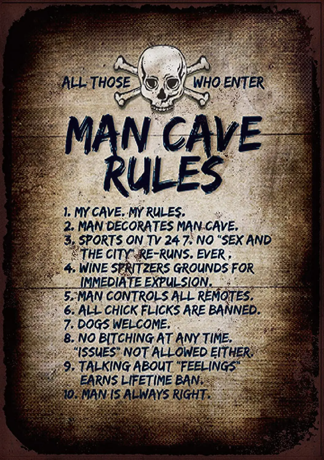 

Man Cave Rules Quote Vintage Retro Aluminium Sign