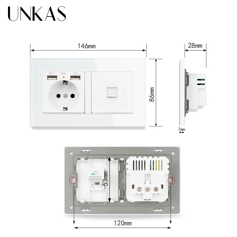 UNKAS розетка европейского стандарта с 2 USB портами для зарядки + 1 Gang RJ11 ядерный