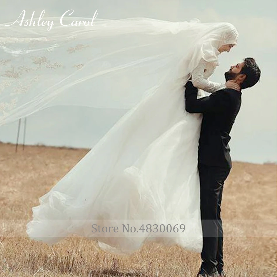 Ashley Carol, длинное мусульманское свадебное платье с высоким воротом и длинным рукавом,, исламские арабские белые/Lvory кружевные свадебные платья принцессы с бисером