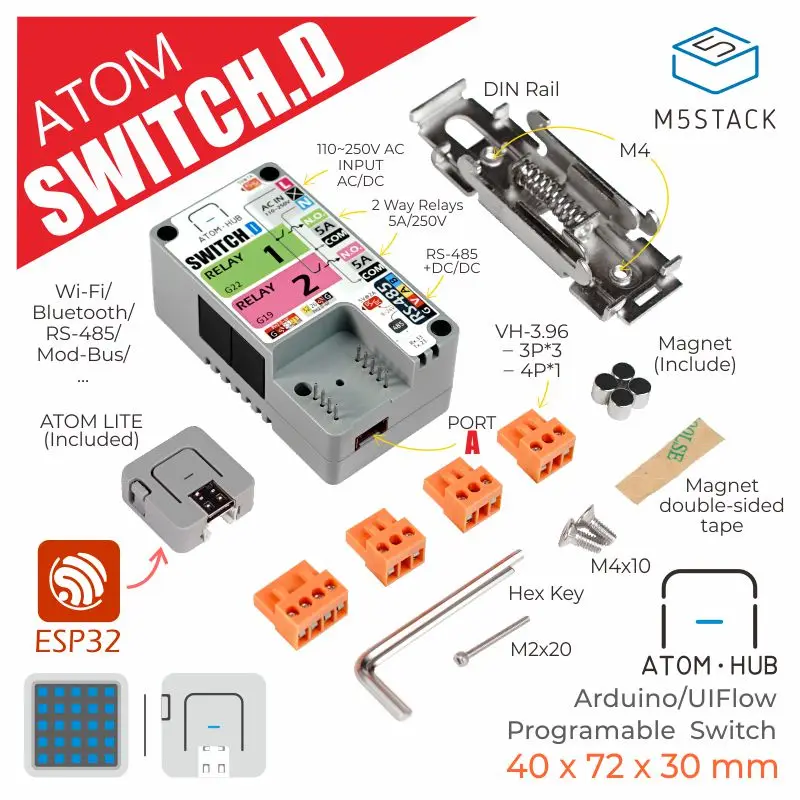 

Официальный комплект релейного переключения M5Stack ATOM, комплект из 2 релейных портов, встроенная схема расширения AC-DC RS485, поддержка Modbus