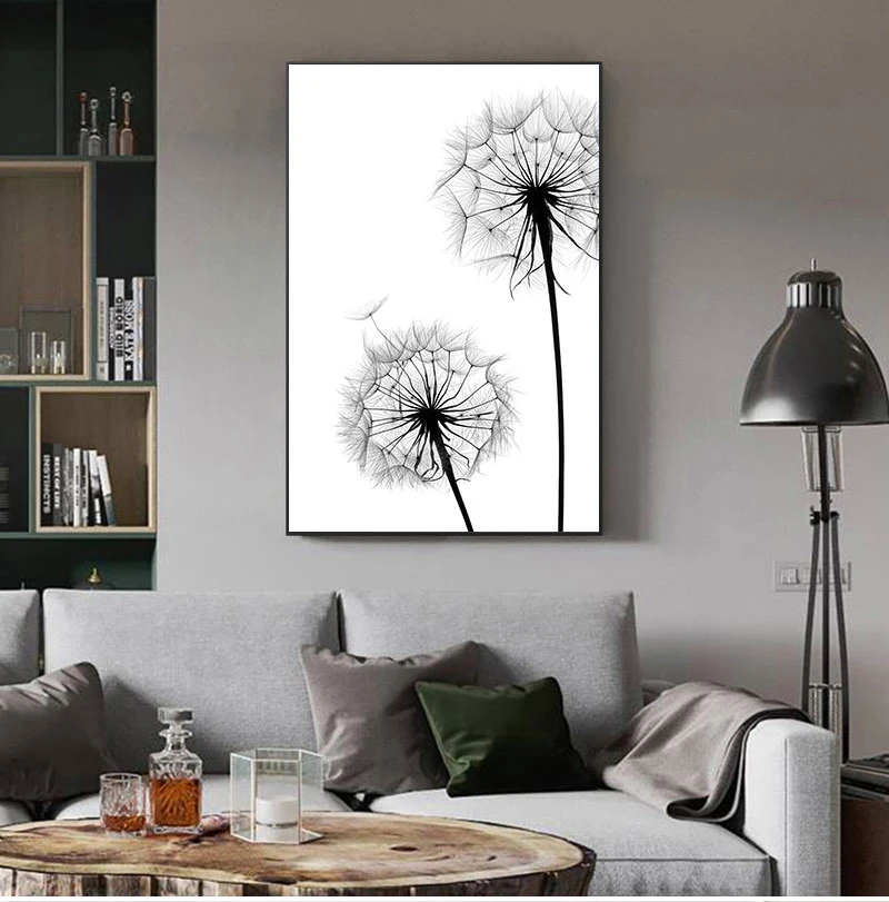 Скандинавский плакат черно-белая картина Одуванчик настенное искусство