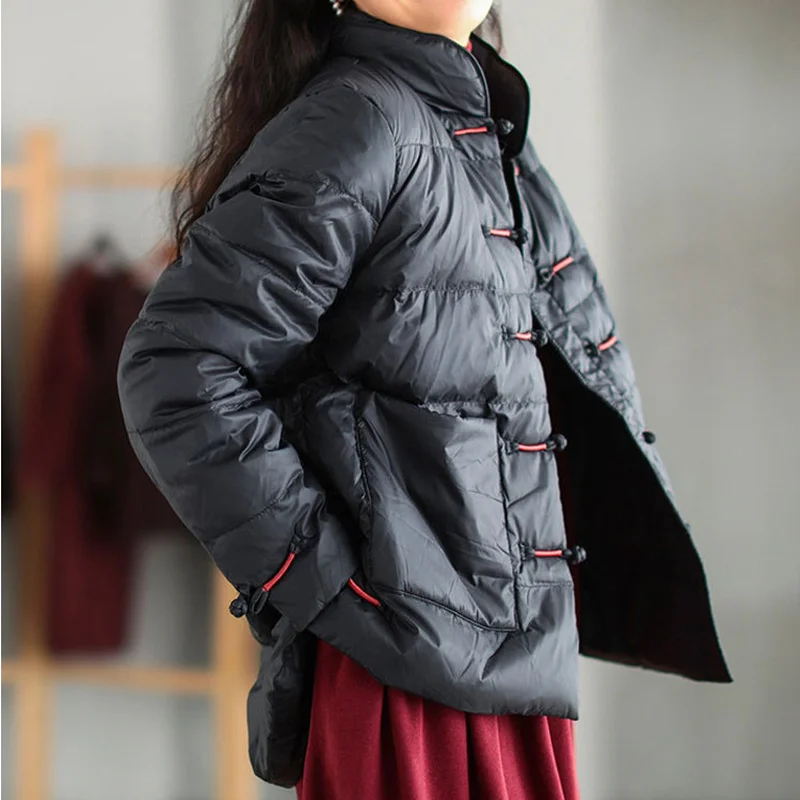Winter Down Jackets Women Vintage Single Breasted Solid Casual Loose Outwear 2021 Autumn Pocket Parkas Female White Duck Down