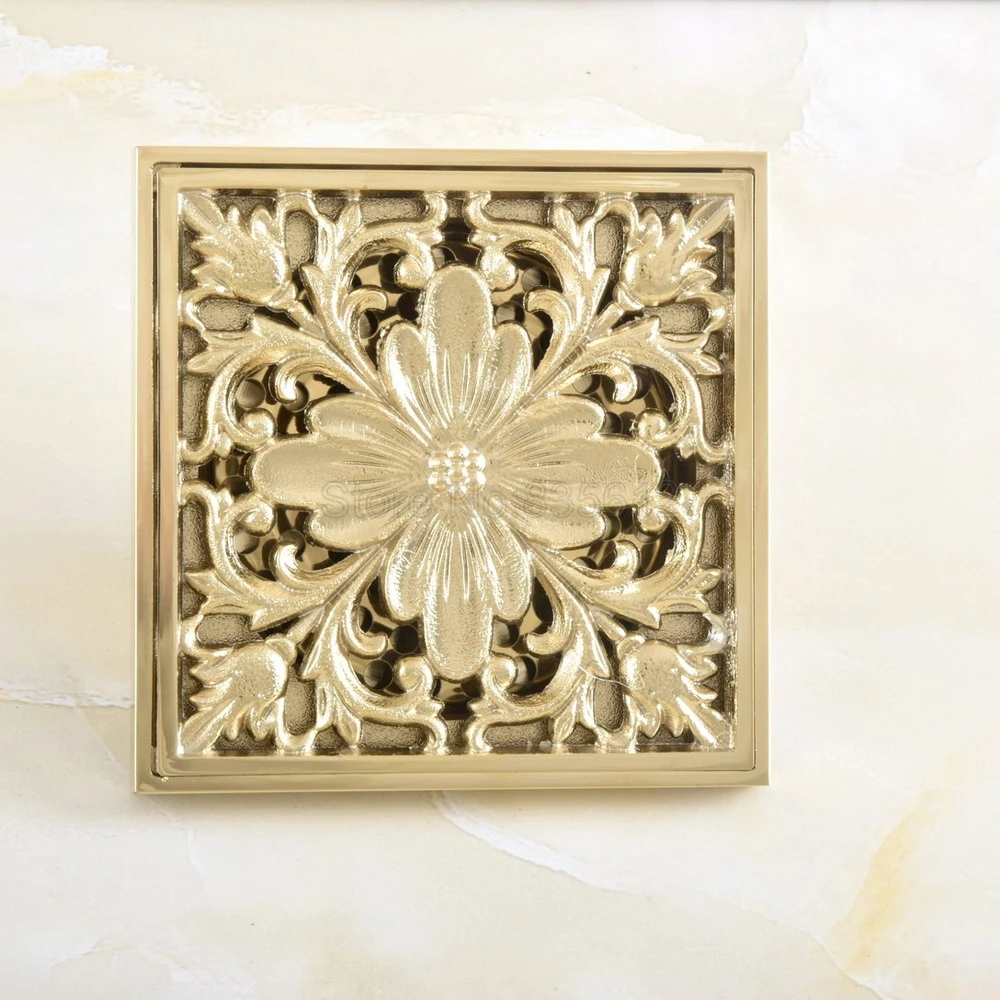 

Shower Drains Square Gold Color Brass Art Carved Bathroom Floor Drain Waste Grate Drain thr055
