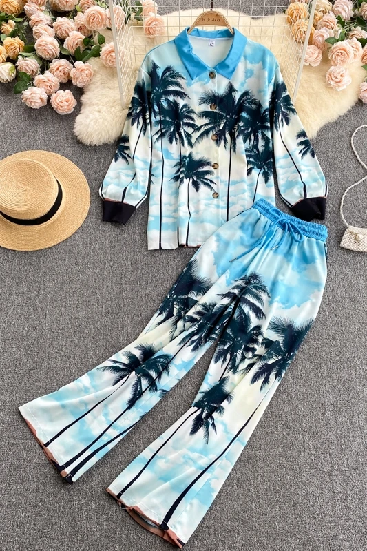 

European and American ins holiday style two-piece suit women's summer design tropical print long-sleeved top wild wide-leg pants