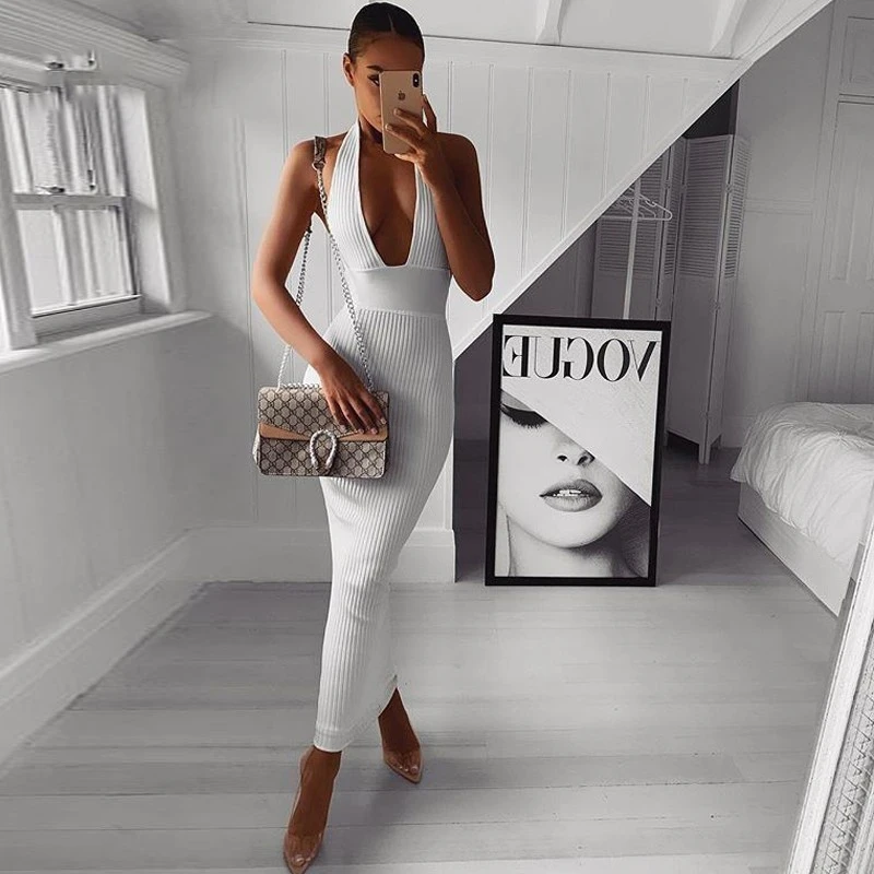 Женское облегающее платье EvaQueen белое Клубное с глубоким v образным вырезом