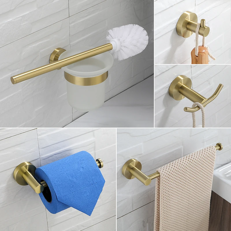 

Hight Quality Stainless Steel Gold Brushed Bathroom Accessories Paper Holder Toilet Brush Holder Robe Hook Towel Ring