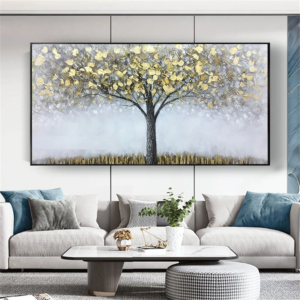 

The latest design 100% hand-painted oil painting wealth tree restaurant mural large gold gray bottom abstract painting wall art