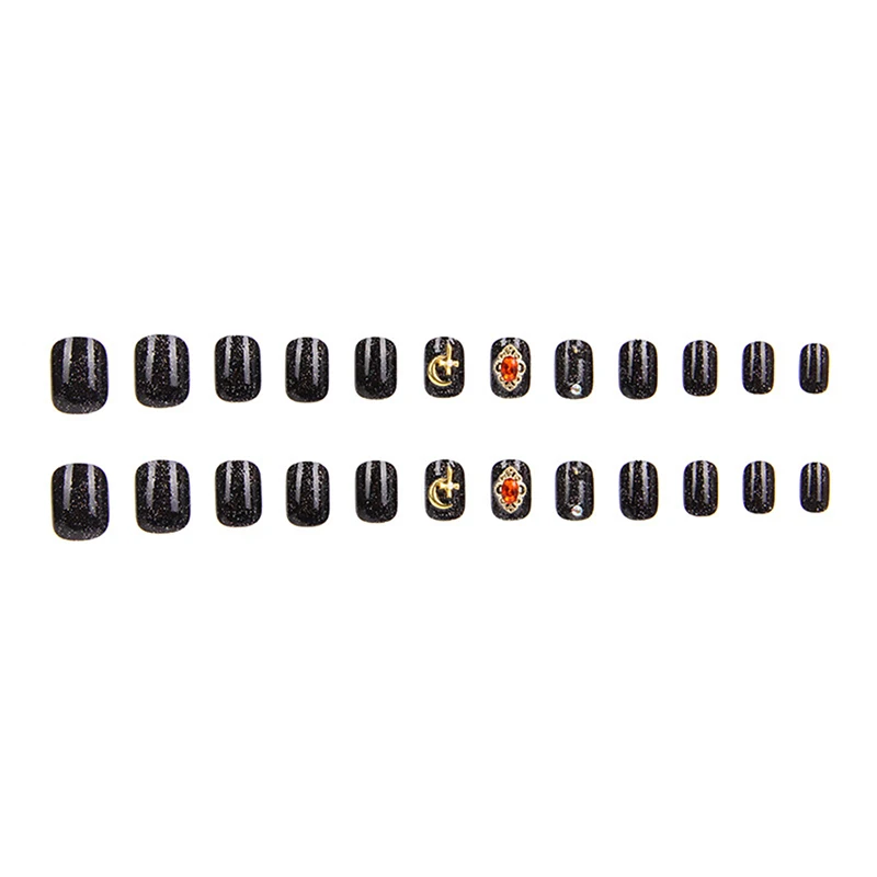 24pc/set Punk Rhinestone Fake Nails Short Round Head Full Cover Black Design Fashion Nail Art | Красота и здоровье