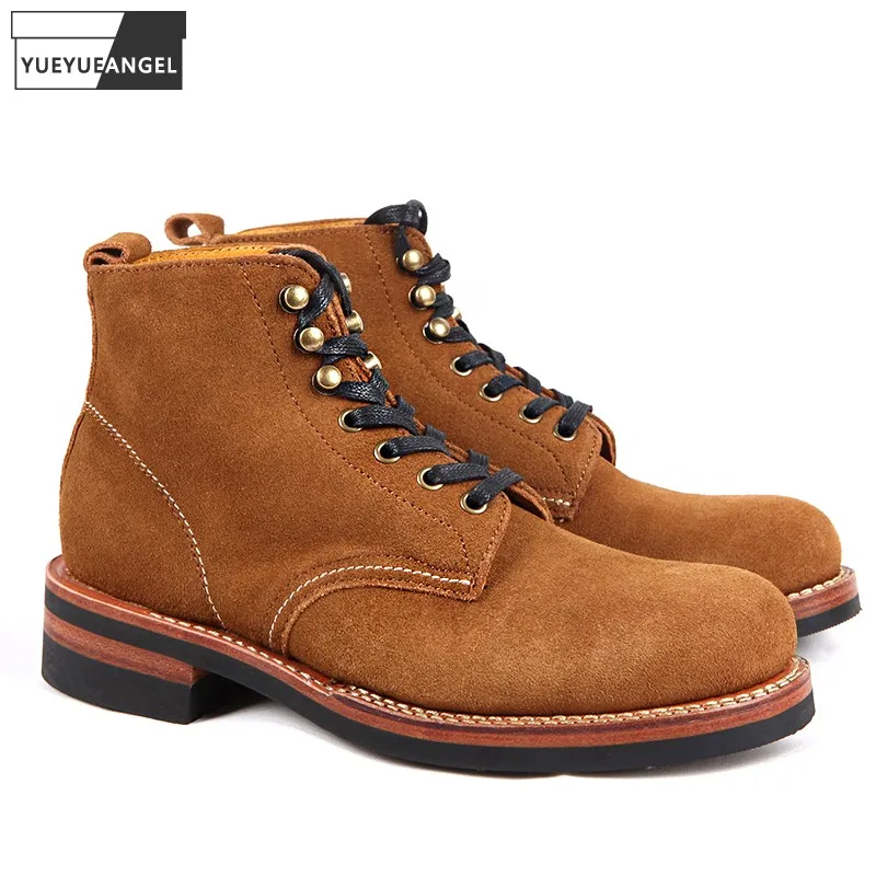 

Ботинки мужские короткие в стиле ретро, ковбойские ботинки из коровьей замши, на шнуровке, с высоким берцем, для работы на улице, 2021