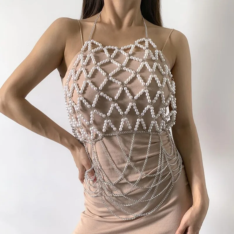 P0261 женское модное ожерелье с имитацией жемчуга и кисточкой бюстгальтер ювелирные изделия для тела цепи топ жемчуг сексуальные аксессуары ювелирные изделия