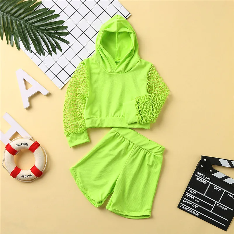 Summer Toddler Kids Baby Girl Clothes Hollow Out Solid Long Sleeve Hodded Tops Shorts Pants 2Pcs Outfits Sport Set |