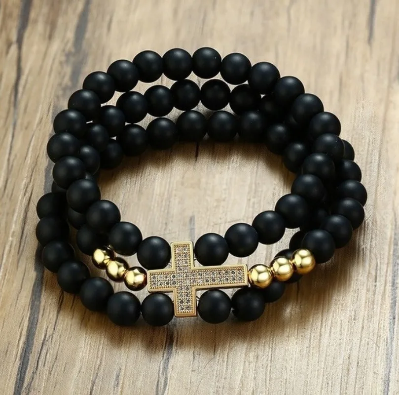 Бисер мужской Браслет Крест Браслеты с подвесками черный камень из бисера