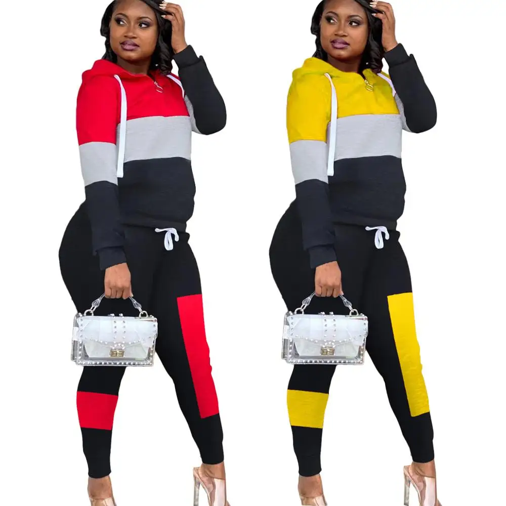 

Contrast Color Patchwork Women Casual Sports Sets Hooded Collar Long Sleeve Tops High Waist Pencil Pants Tracksuits Party Autumn