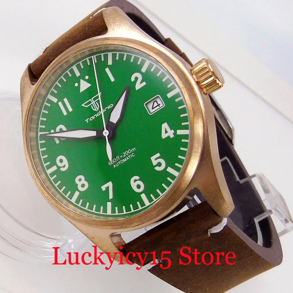 

Tandorio Brand CUSN8 Sollid Real Bronzed 200M Waterproof 39mm Automatic Men Watch NH35A Green Dial Luminous Genuine Leather Band