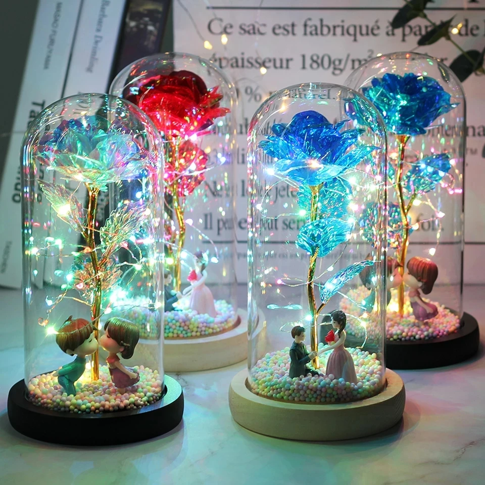 

Christmas's Gift wish Girls with LED Enchant Galaxy Rose Flashing colorful Flowers In Flask Glass Dome Beauty and The Beast rose