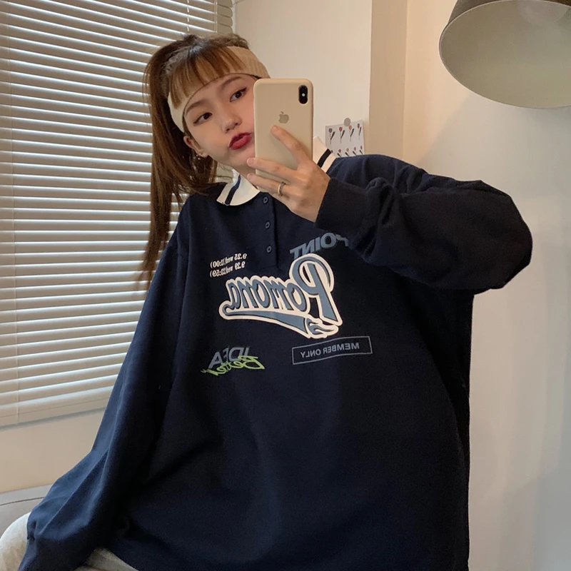 

Vintage Polo Collar Oversized Hoodies Women Korean Trendy Autumn Letter Print Sweatshirt Loose Harajuku Tops Sweatshirts