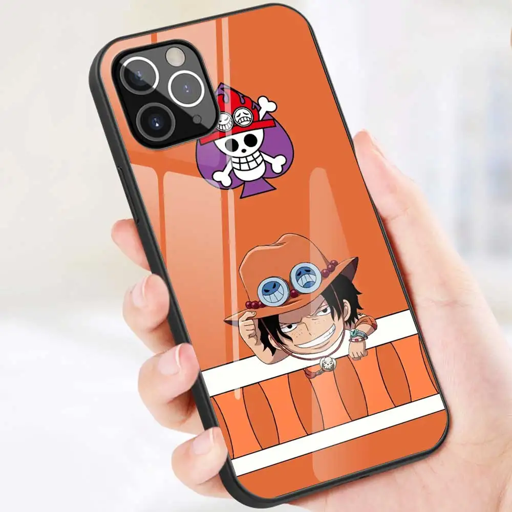 

For iPhone 11 12 Pro Max Mini XR XS X 8 7 6 6S Plus SE 2020 Case Cartoon One Piece Tempered Glass Soft Frame Back Cover Coque