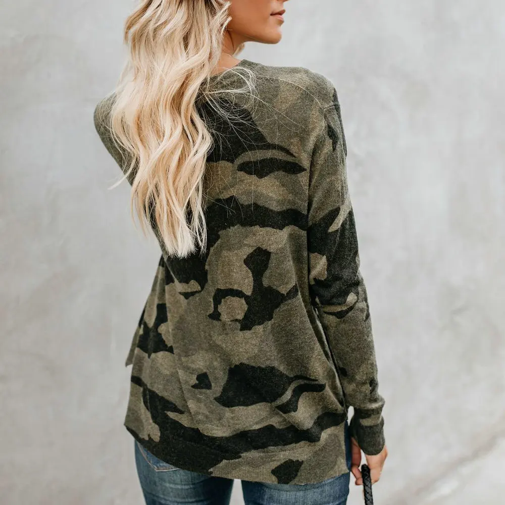 Женская свободная рубашка с длинным рукавом и камуфляжным принтом в армейском