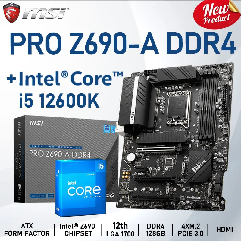 

LGA 1700 Intel Core i5 12600K Combo With MSI PRO Z690-A DDR4 Motherboard Set 128GB M.2 Chia Placa-mãe Kit Desktop ATX Z690 New