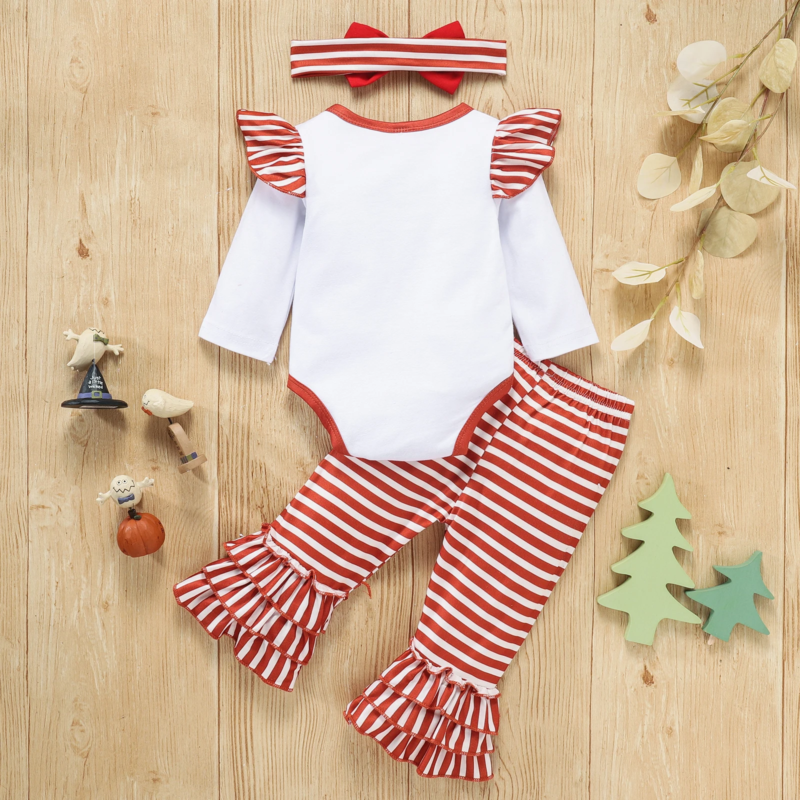 

Baby Girls Three-piece Clothes Set, Printed Pattern Round Collar Romper, Flared Pants and Bow Knot Headdress