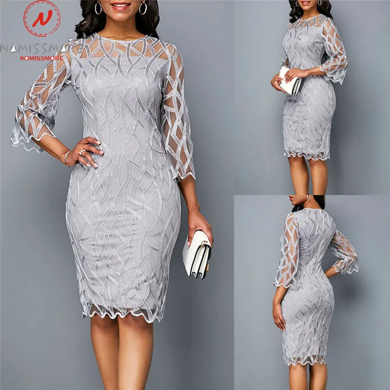 

Elegant Women Autumn Slim Hip Dress Patchwork Design Lace Zipper Decor See Through O-Neck 3/4 Sleeve Mid Waist Solid Color Dress