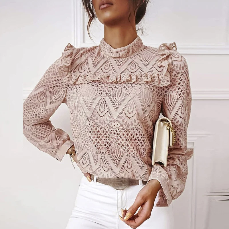 Женская Кружевная футболка с оборками элегантная повседневная ажурная рубашка