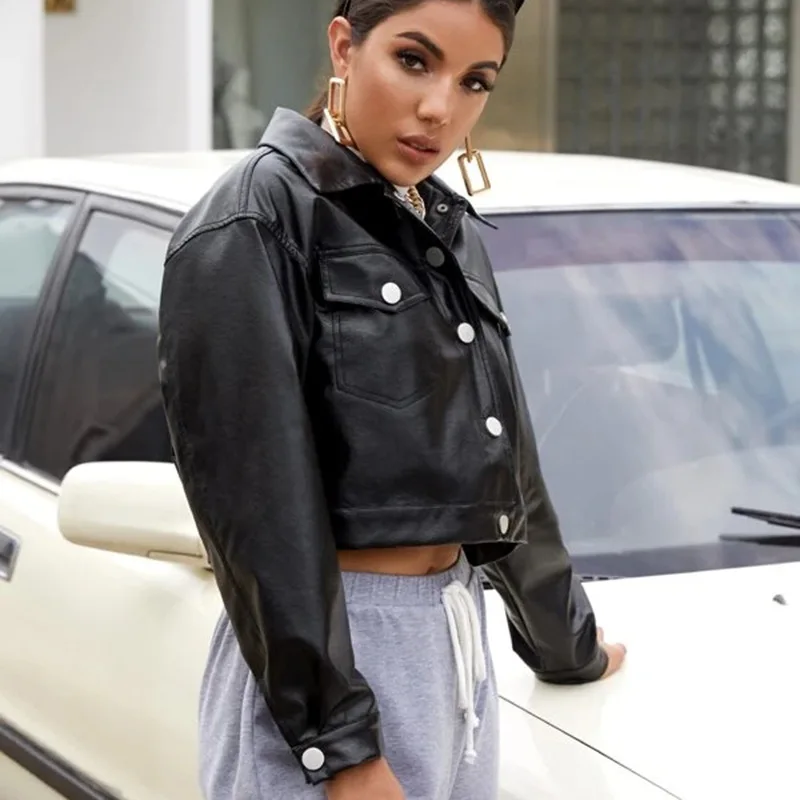 2021 Street Style Women's Autumn PU Leather Jacket Fashion Short BF Wind Long-sleeved Motorcycle Clothing Leather Jacket Women