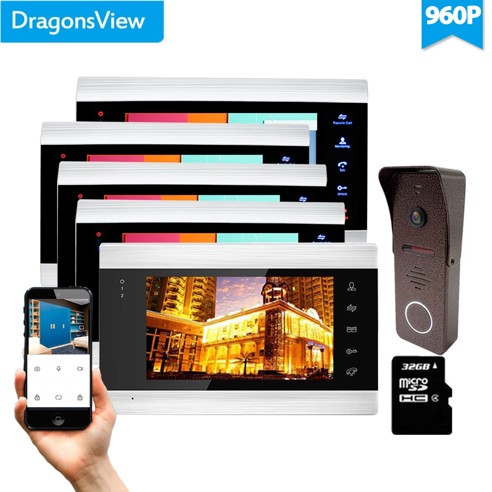 Dragonsview 7 Inch Wifi Wireless Video Door Phone Doorbell Intercom System 5 /6 Monitors 1/2 Outdoor Station 960P AHD Mobile App
