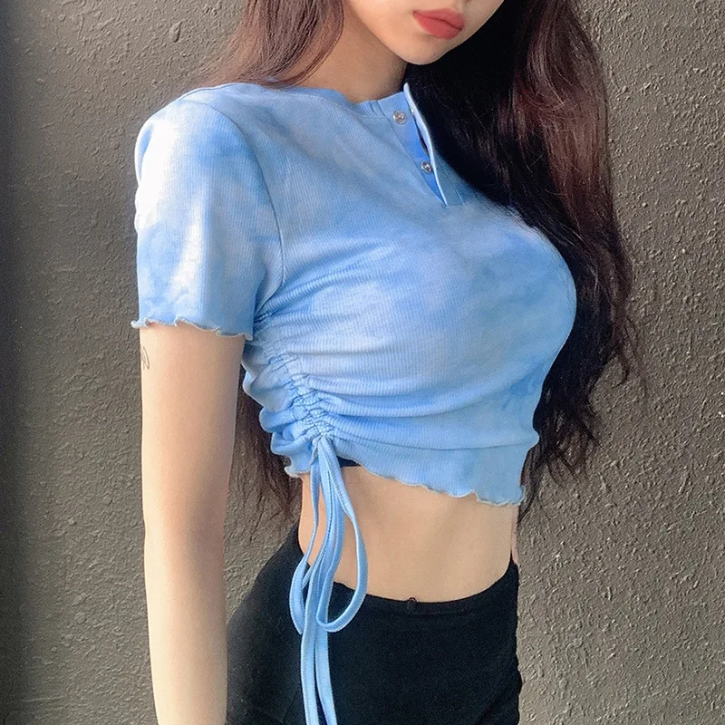 Женский трикотажный топ с короткими рукавами принтом круглым вырезом на