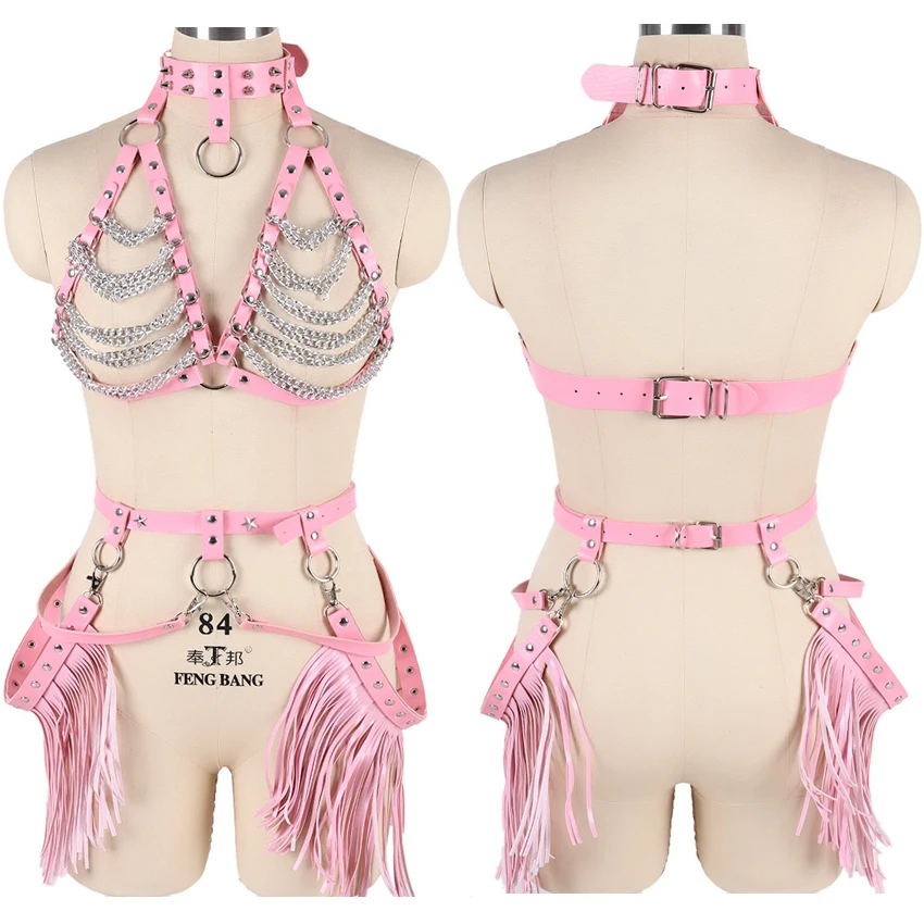 

Комплект женского кожаного нижнего белья с подвязками, розового цвета, с металлической цепочкой, с подвязками и кисточками, в стиле Харадзюку, размера плюс