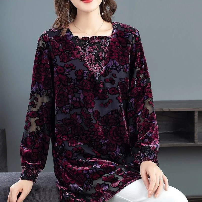 Осенняя Весенняя Повседневная Женская одежда бархатная блузка с длинным рукавом