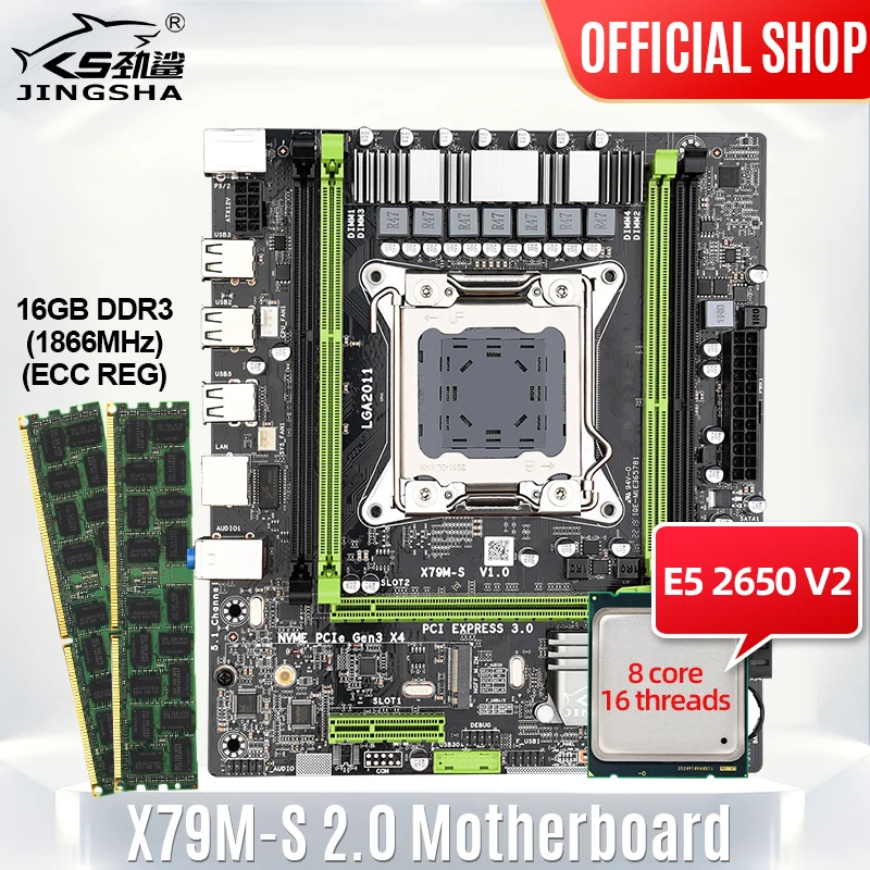 Billig JINGSHA X79M-S 2,0 Motherboard Set LGA2011 Mit CPU Xeon E5 2650V2 16GB * 2PCs Speicher DDR3 ECC RAM 1866Mhz Unterstützung MVNE M.2 USB 2,0