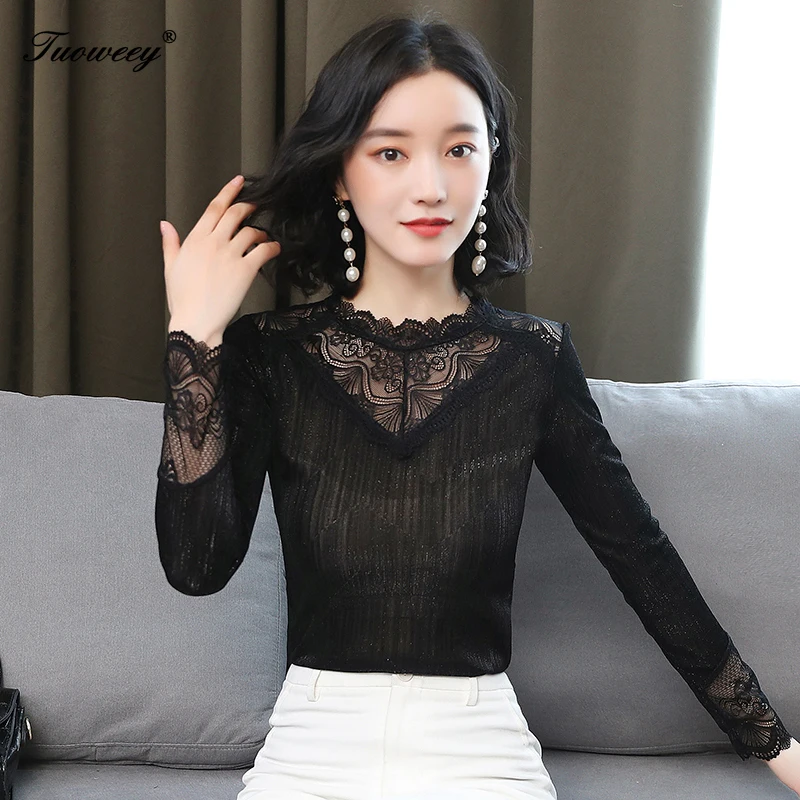 

Plus Size Women Mesh Blouse Fashion See-through Lace Long Flare Sleeve Blouse Slim Fits Top Mesh Sheer Blouse Black Shirt Female