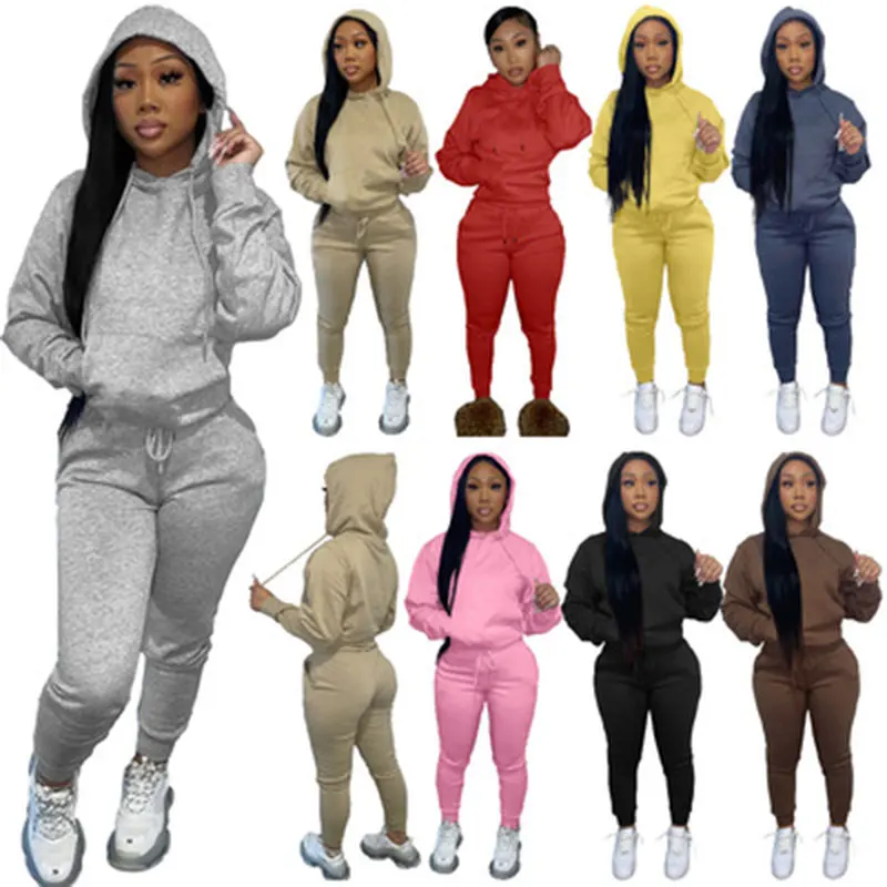 

Fleece Tracksuit Two Piece Set Women Solid Long Sleeve Hoodies Casual Sports Pants Matching Set Autumn Winter Jogging Streetwear