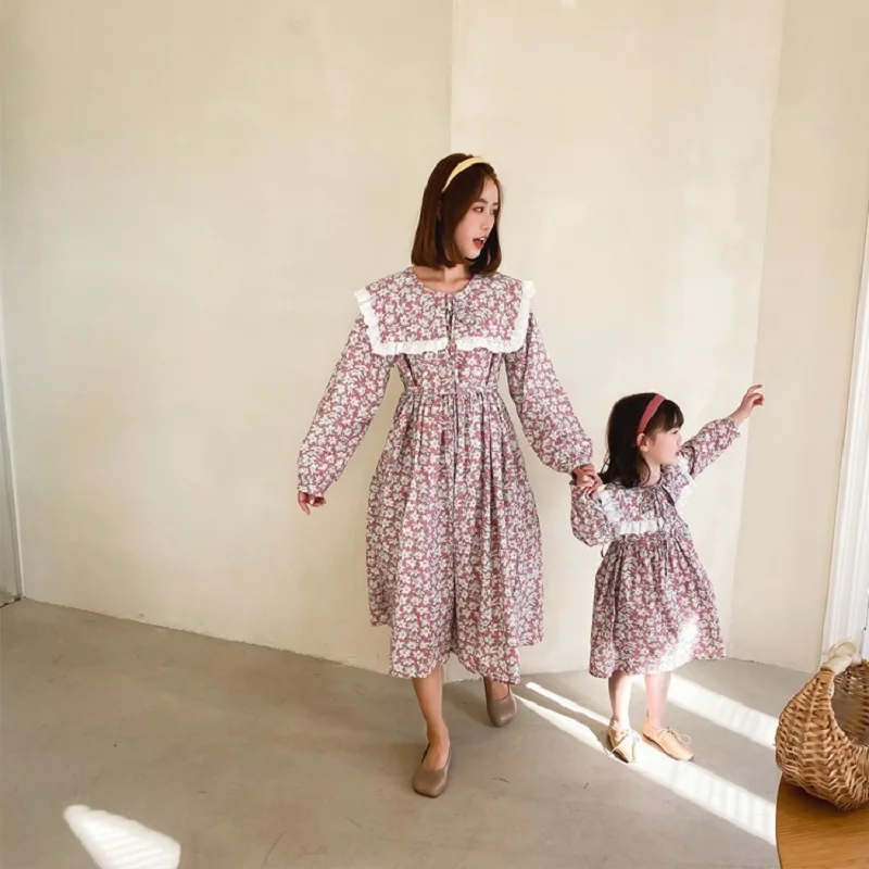 

2021 Mother Daughter Floral Dress Long Sleeve Cute Collar Shirt Dress Mommy and Me Clothes Family Matching Spring Summer Outfits