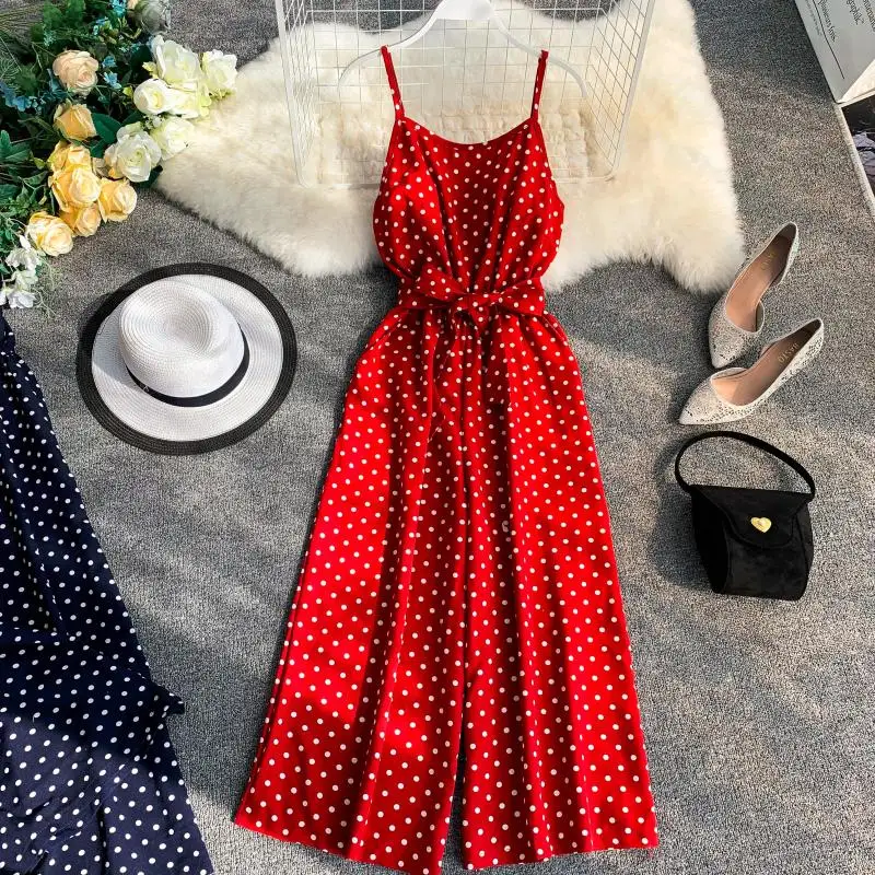 

FMFSSOM 2021 Summner Dot Long Jumpsuit Women Red Boduomi Modal Dot Straight Sashes one piece outfit
