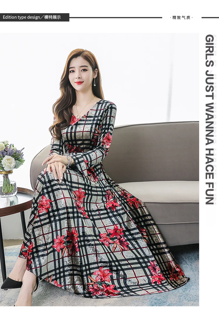 Vintage Floral Velvet Maxi Dresses Autumn Winter 3XL Plus Size Long Sleeve Midi Dress Elegant Women Bodycon Party Vestidos