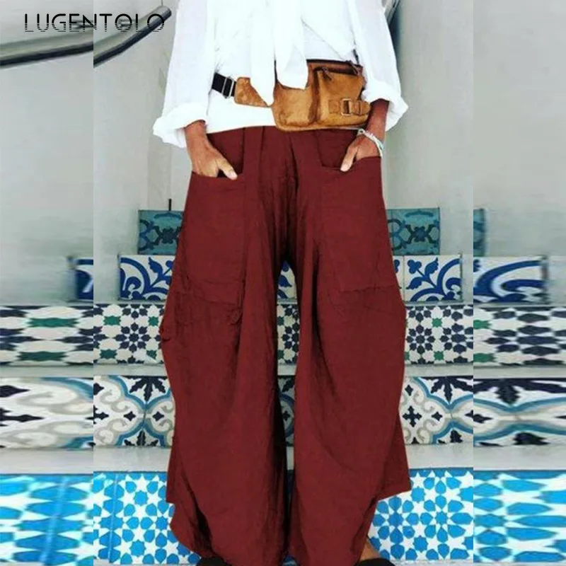 Lugentolo Woman Pants Fashion New Outdoor Sports Big Pocket Irregular Wide Leg Casual Wild Overalls S-5XL | Женская одежда