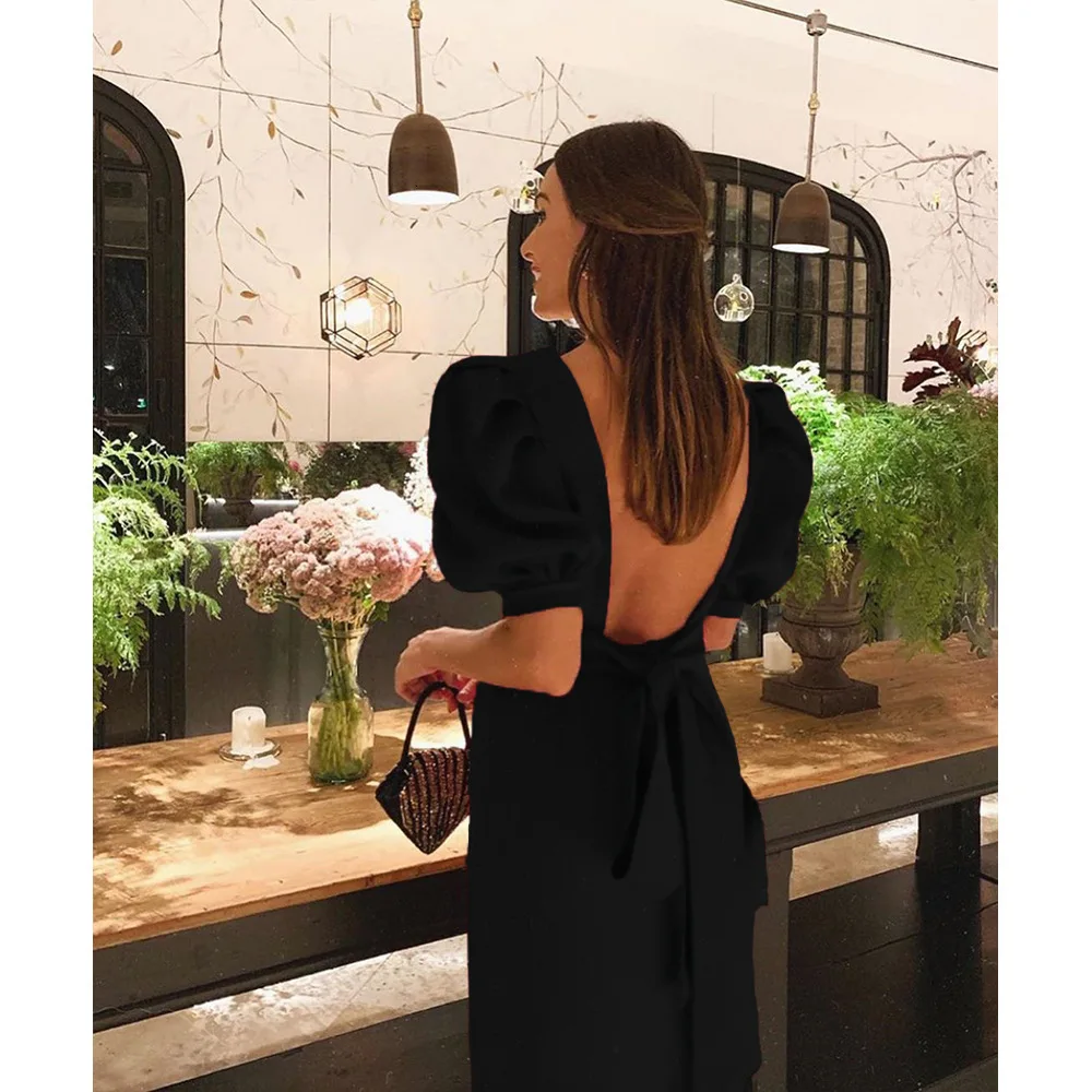 

Uguest Elegant Office Lady Sexy Long Party Dress Women Open Back Bow Puff Sleeve Round Neck Buttons Pencil Black Red Dresses