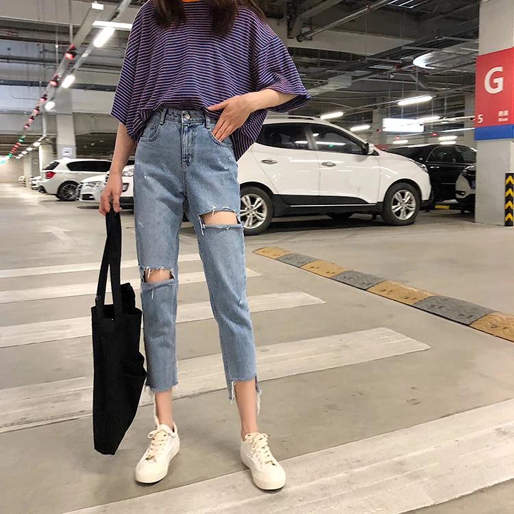 

S-XL autumn korean style High Waist ripped jeans Lady Casual straight denim blue jeans womens mom jeans womans (78163)