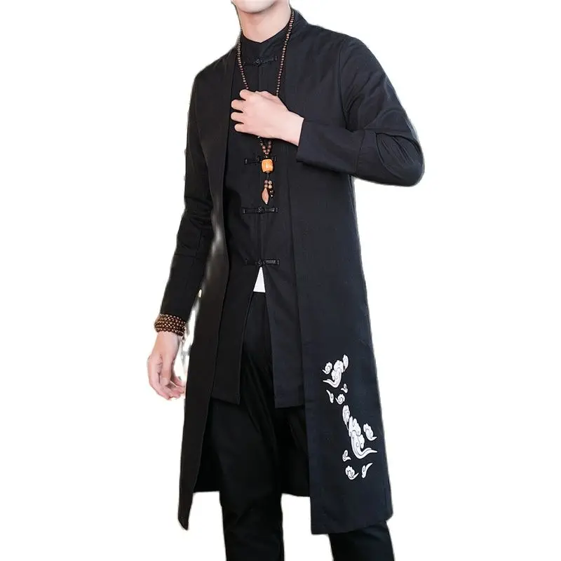 Мужская длинная куртка в китайском стиле черная Повседневная осенняя тренчкот