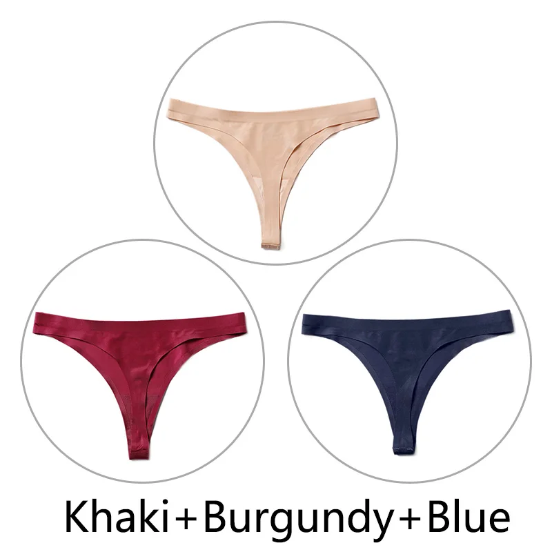 Khaki-Burgundy-Blue 3 шт./партия, Сексуальные Бесшовные прозрачные трусики, женские трусики с низкой талией, трусики-стринги, нижнее белье, женские трусы-танга, стринги большого размера - Цвет: Khaki-Burgundy-Blue
