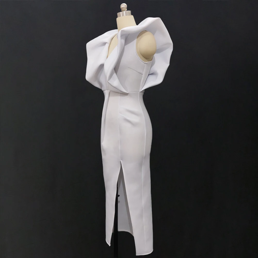 

Ruffles Backless Event Occassion Women Celebrate Evening White Dresses Party Sexy Deep V Neck High Waist Slit Bodycon