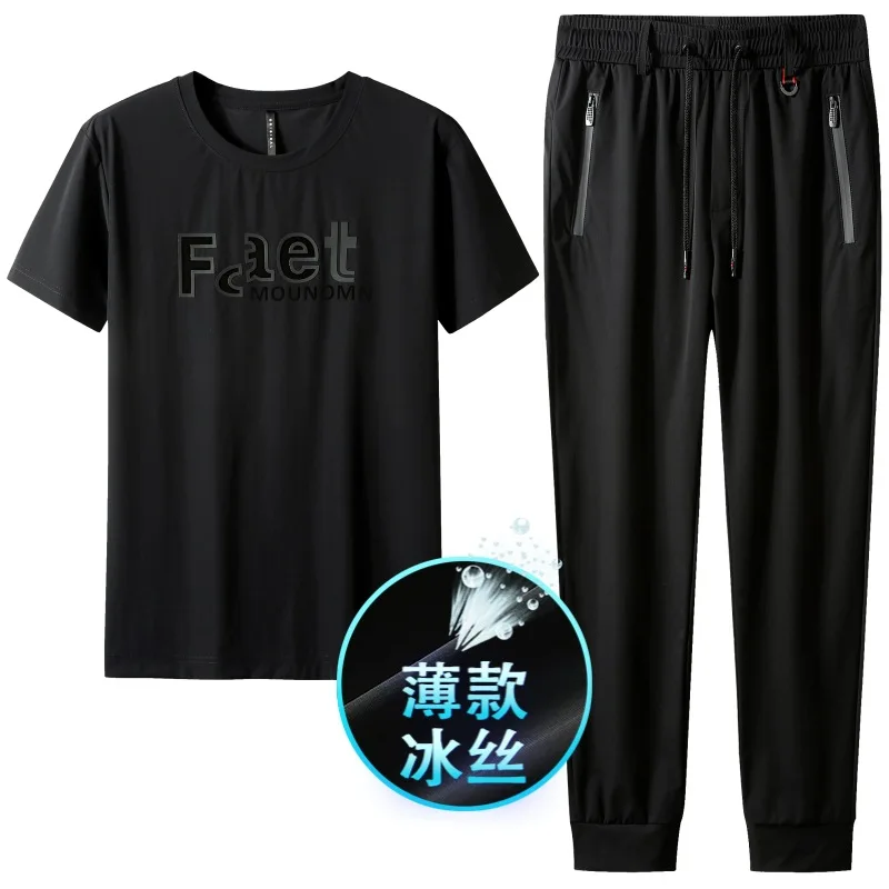 

Thin men's summer suit ice silk short sleeve trousers men's sports suit loose thin men's leisure suit 22