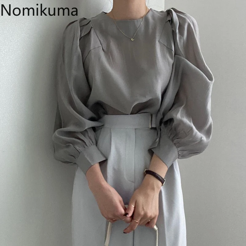 

Элегантные рубашки Nomikuma с круглым вырезом, женская блузка во французском стиле с длинным рукавом, корейские шикарные универсальные топы, Но...